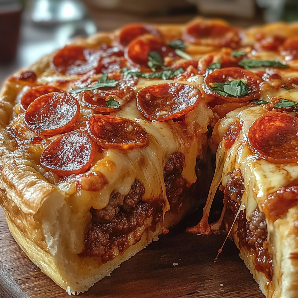 Recipe preparation for Deep Hamburger, Sausage & Pepperoni Pie