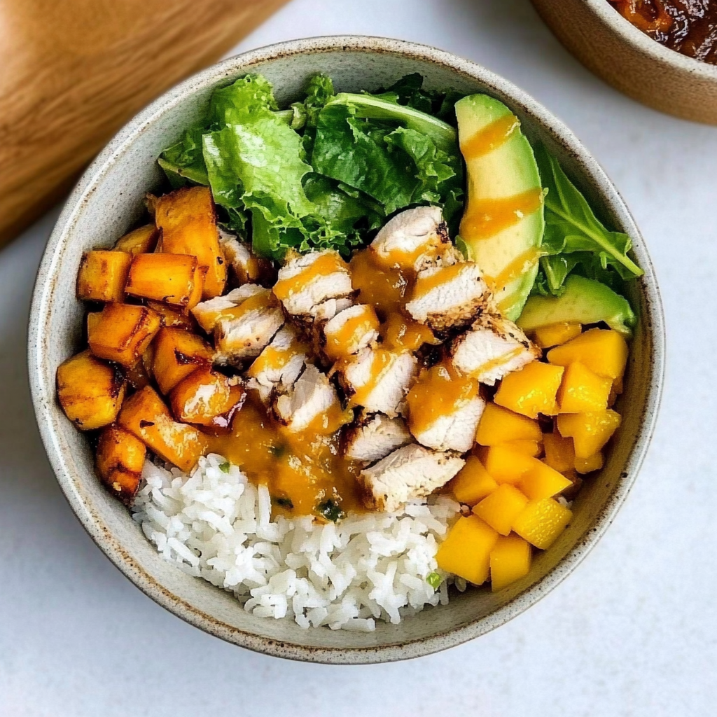 Recipe preparation for Chicken Buddha Bowl with Spicy Mango Sauce Recipe