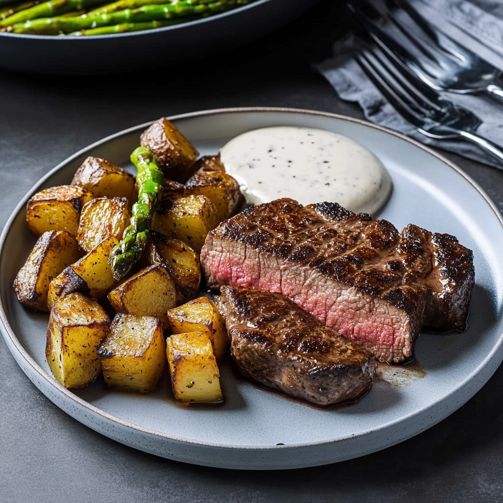 Recipe preparation for Skillet Steak with Asparagus and Potatoes