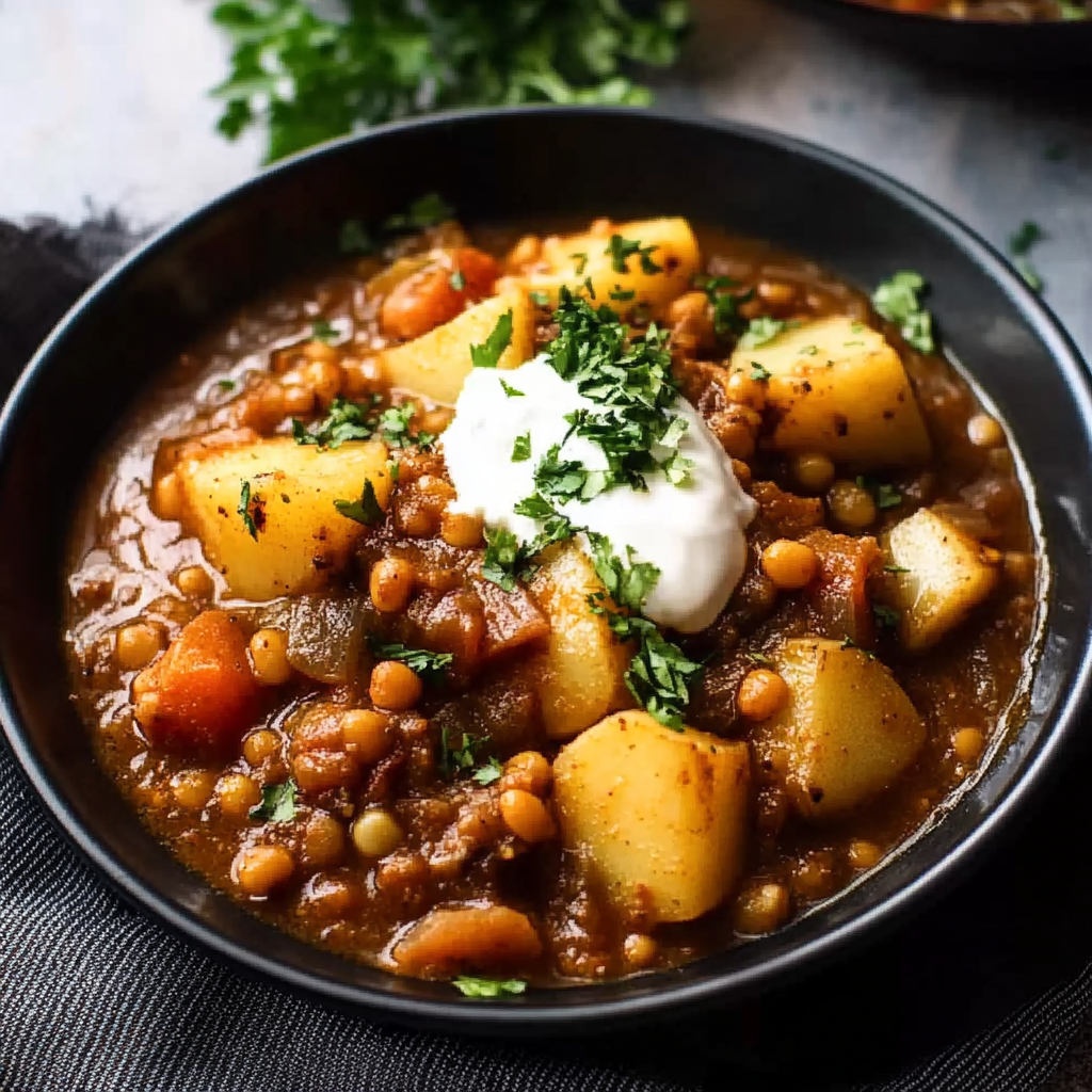 Recipe preparation for Hearty Lentil and Potato Soup – Easy Vegan Dinner Recipe