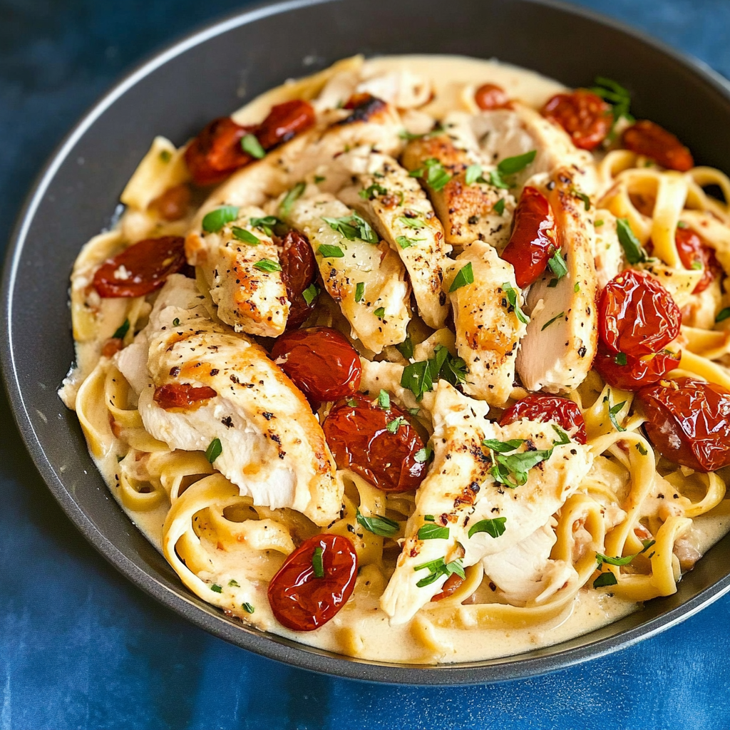 Recipe preparation for Delicious Sun-Dried Tomato and Chicken Fettuccine Recipe