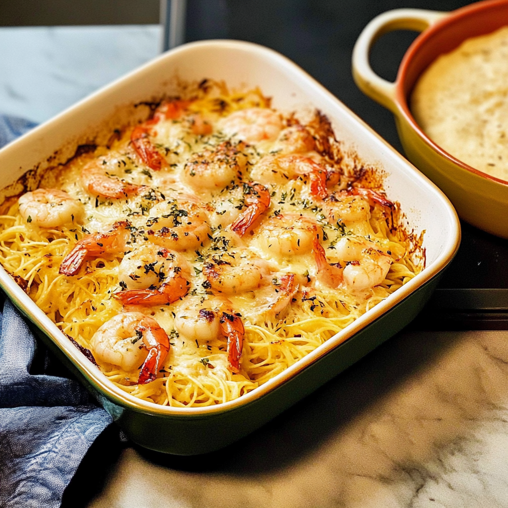 Recipe preparation for Shrimp Scampi Pasta Bake Recipe