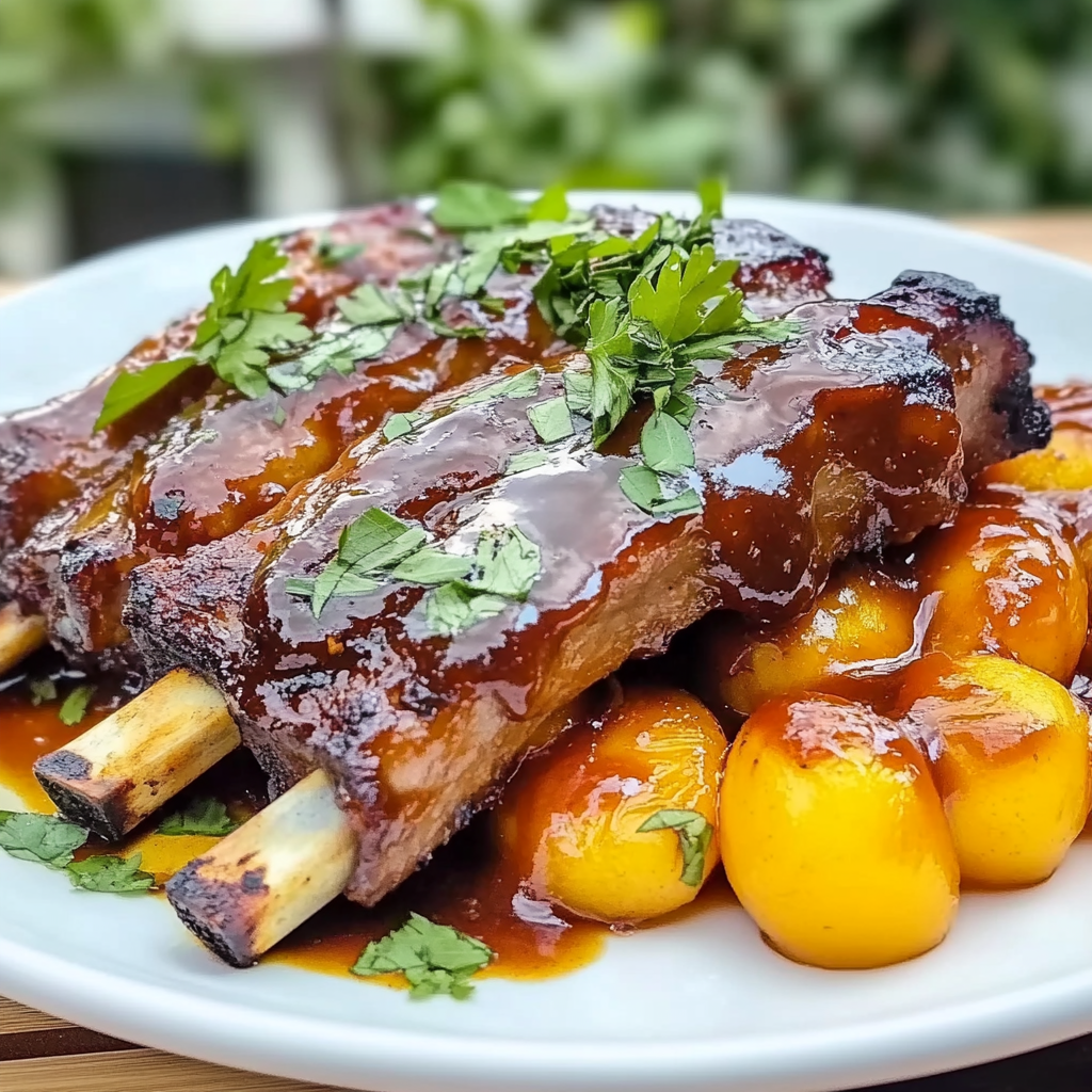 Recipe preparation for Baby Back Ribs with Balsamic-Peach BBQ Sauce