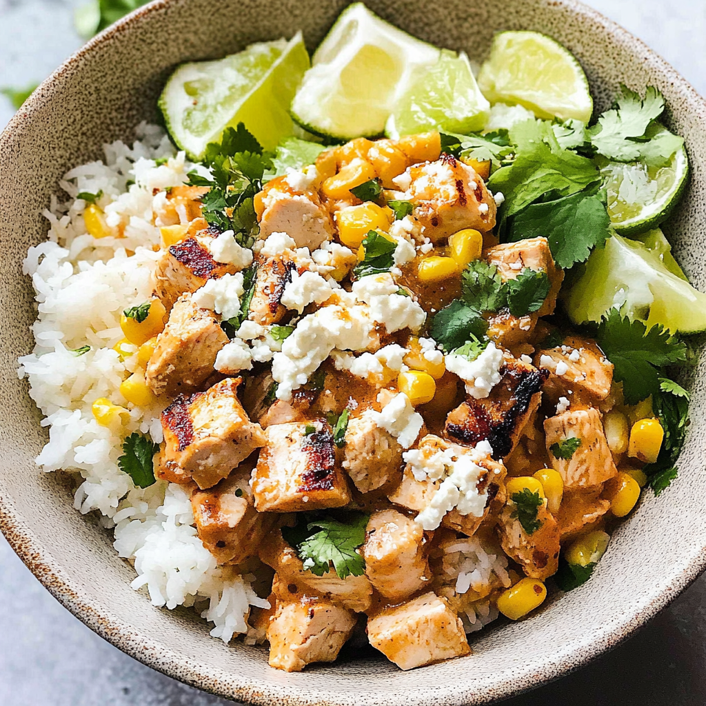 Recipe preparation for Delicious Street Corn Chicken Rice Bowl Recipe for Easy Meals