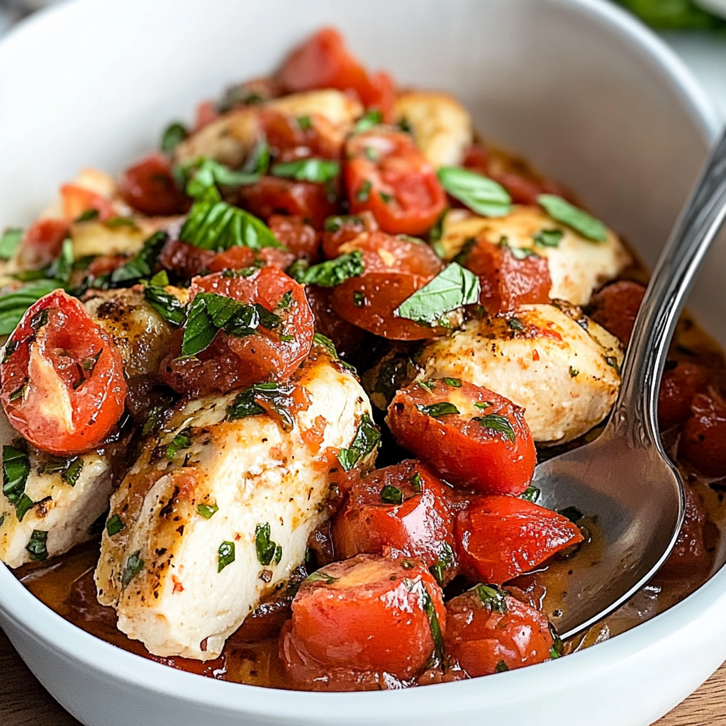Recipe preparation for Bruschetta Chicken Bake Tomatoes
