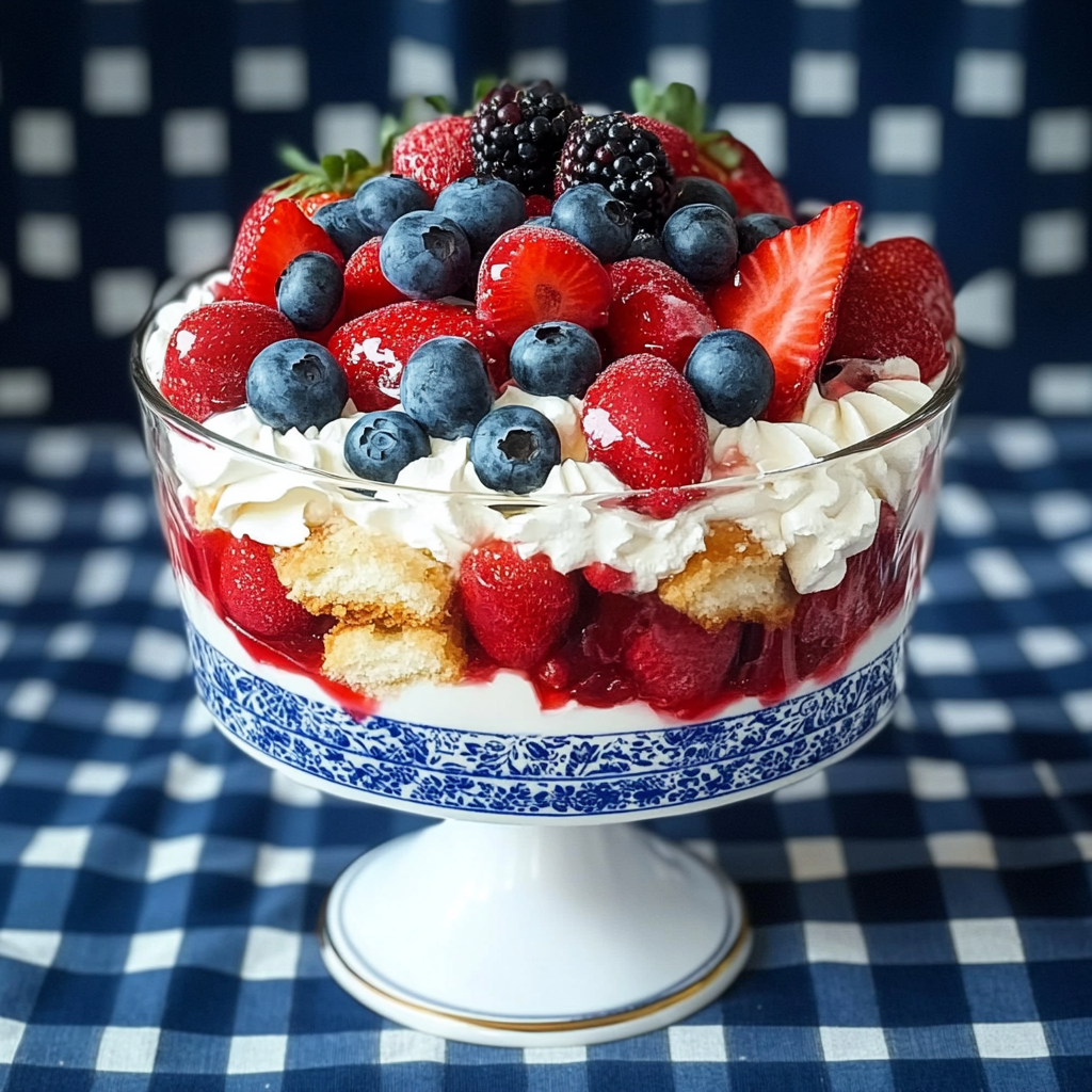 Recipe preparation for Red, White and Blue Strawberry Shortcake Trifle