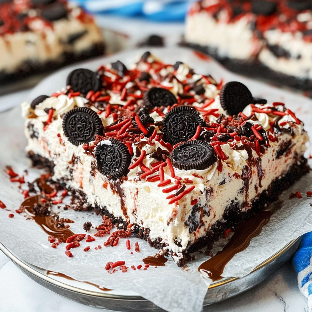 Recipe preparation for No Bake Fireworks Oreo Cheesecake Bars