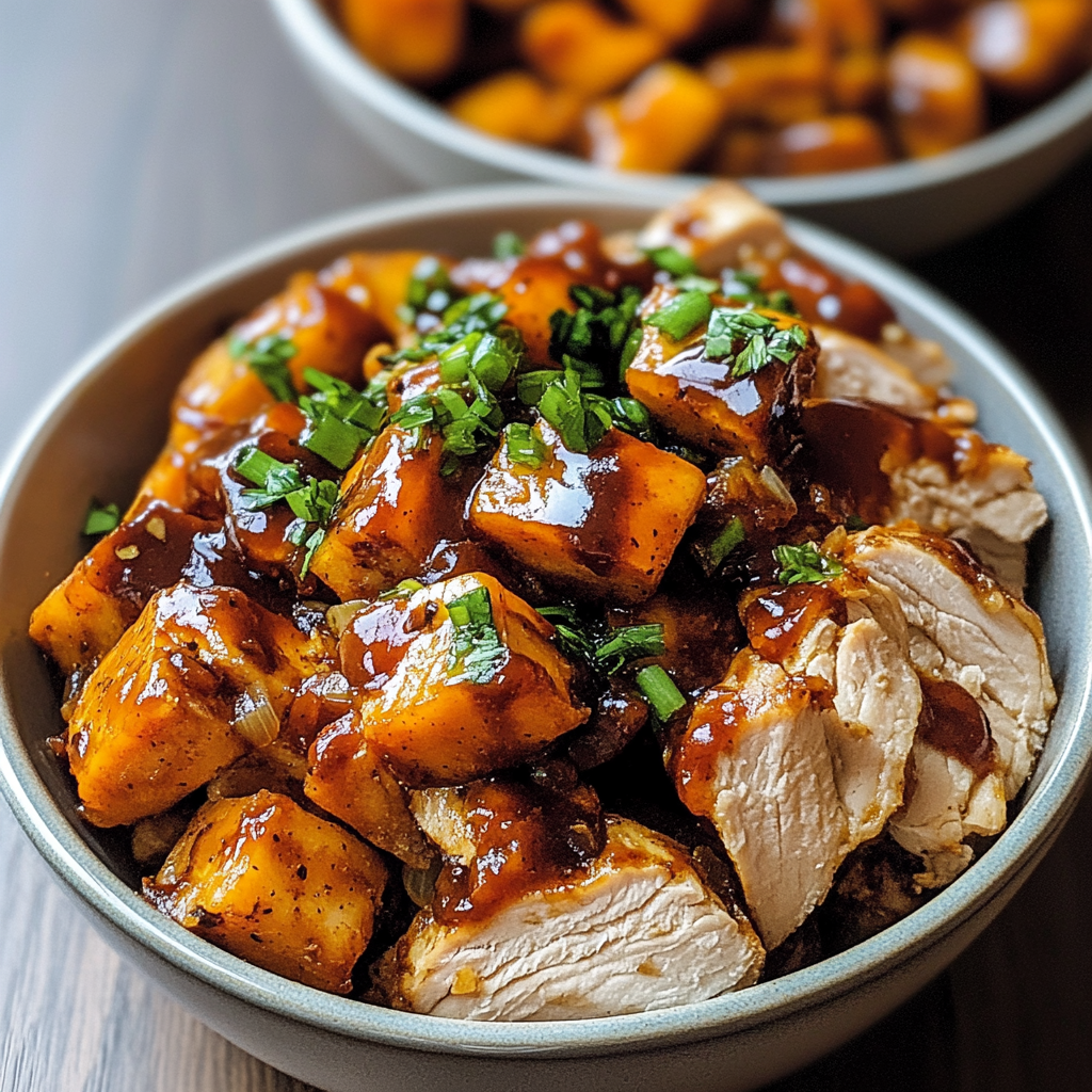 Recipe preparation for BBQ Chicken & Roasted Sweet Potato Bowls