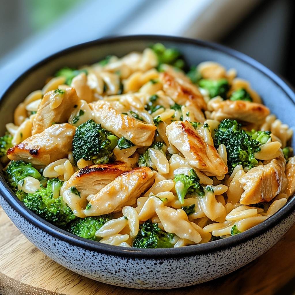 Recipe preparation for Cheesy Chicken Broccoli Orzo