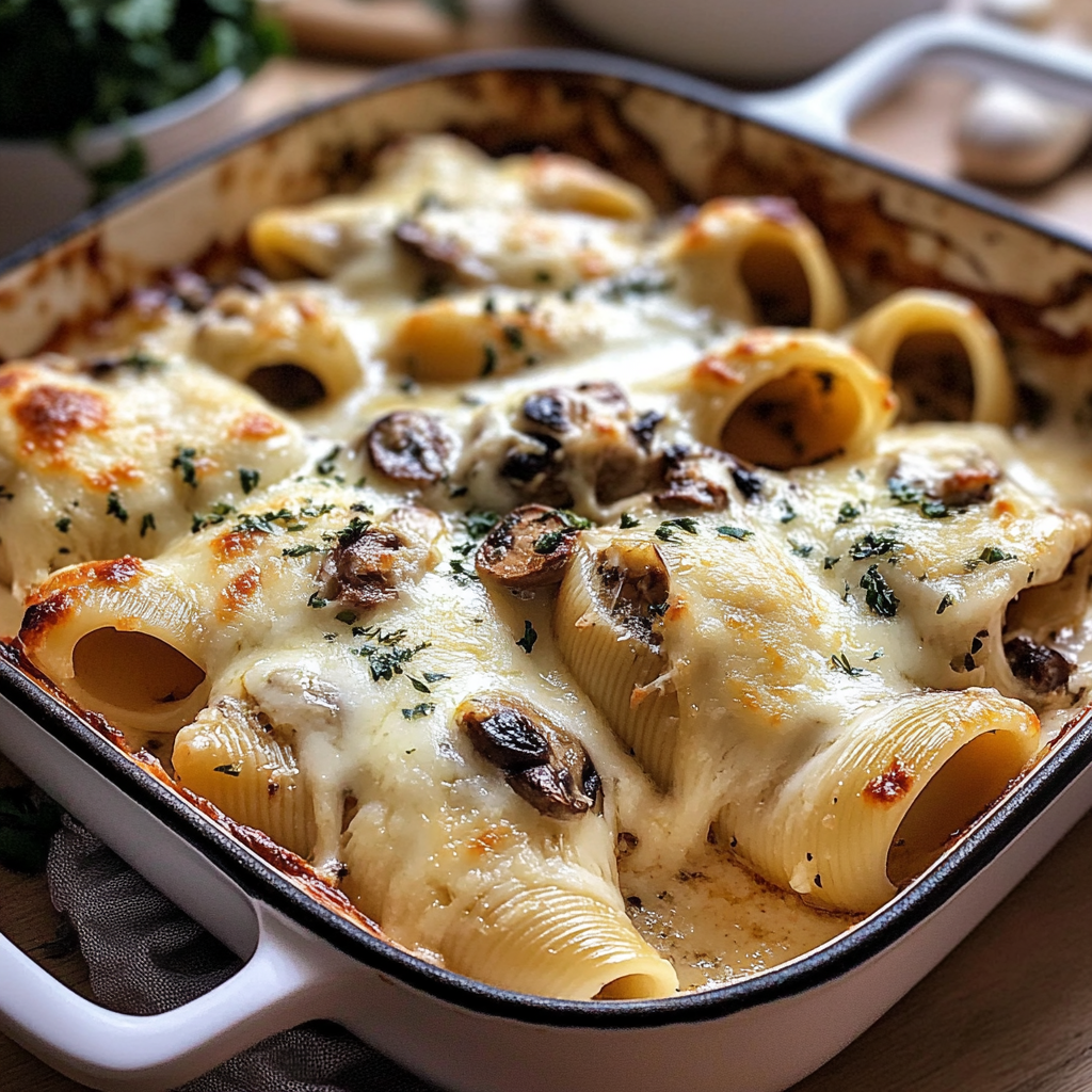 Recipe preparation for Creamy Garlic Mushroom Stuffed Shells