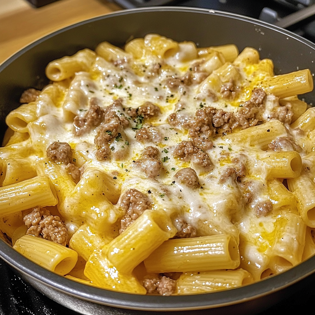 Recipe preparation for Creamy Parmesan Beef Rigatoni