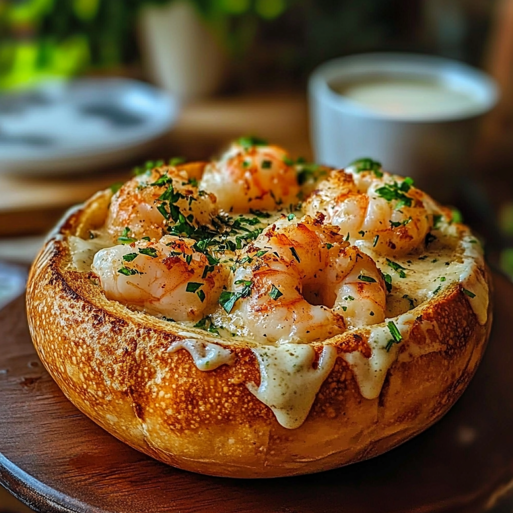 Recipe preparation for Stuffed Seafood Bread Bowl