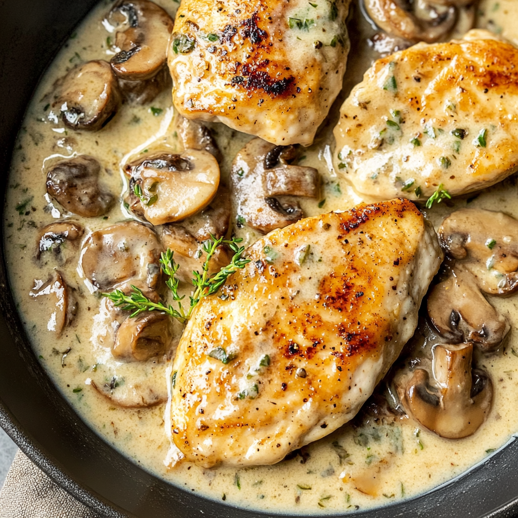 Recipe preparation for Creamy Garlic Mushroom Chicken