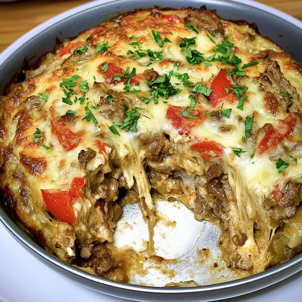 Recipe preparation for Keto Philly Cheesesteak Casserole