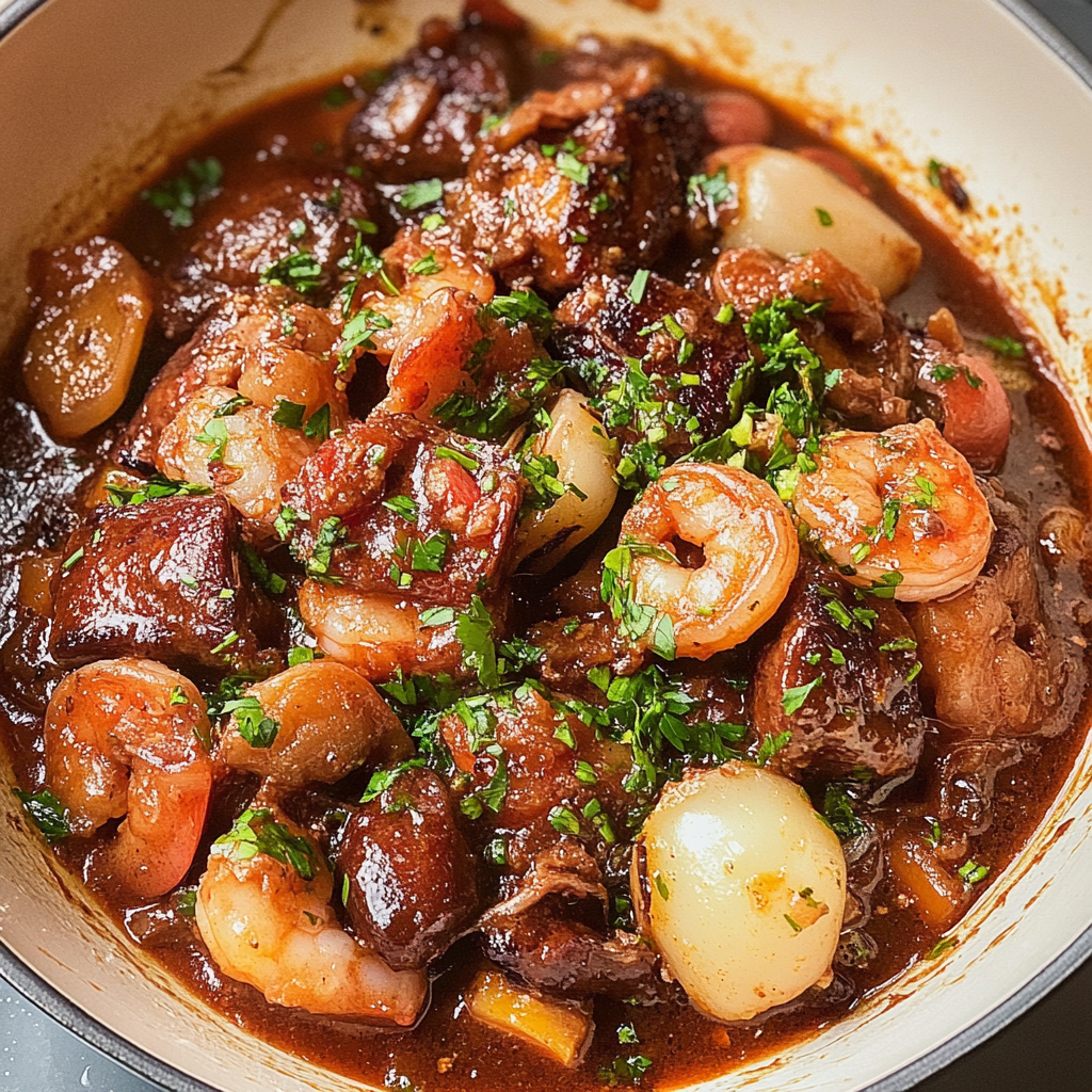 Recipe preparation for Tangy Shrimp Beef Bourguignon