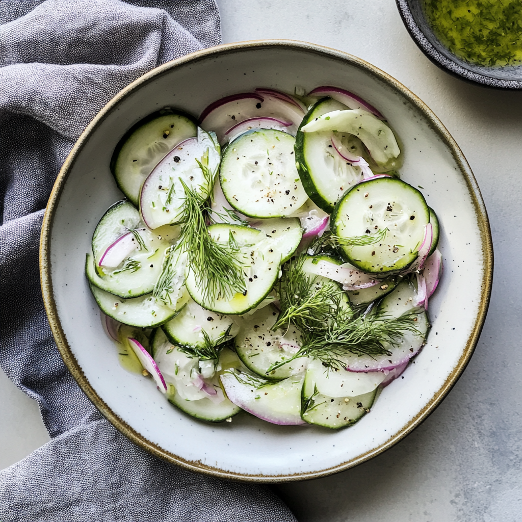 Recipe preparation for Classic Cucumber Salad with Dill and Vinegar