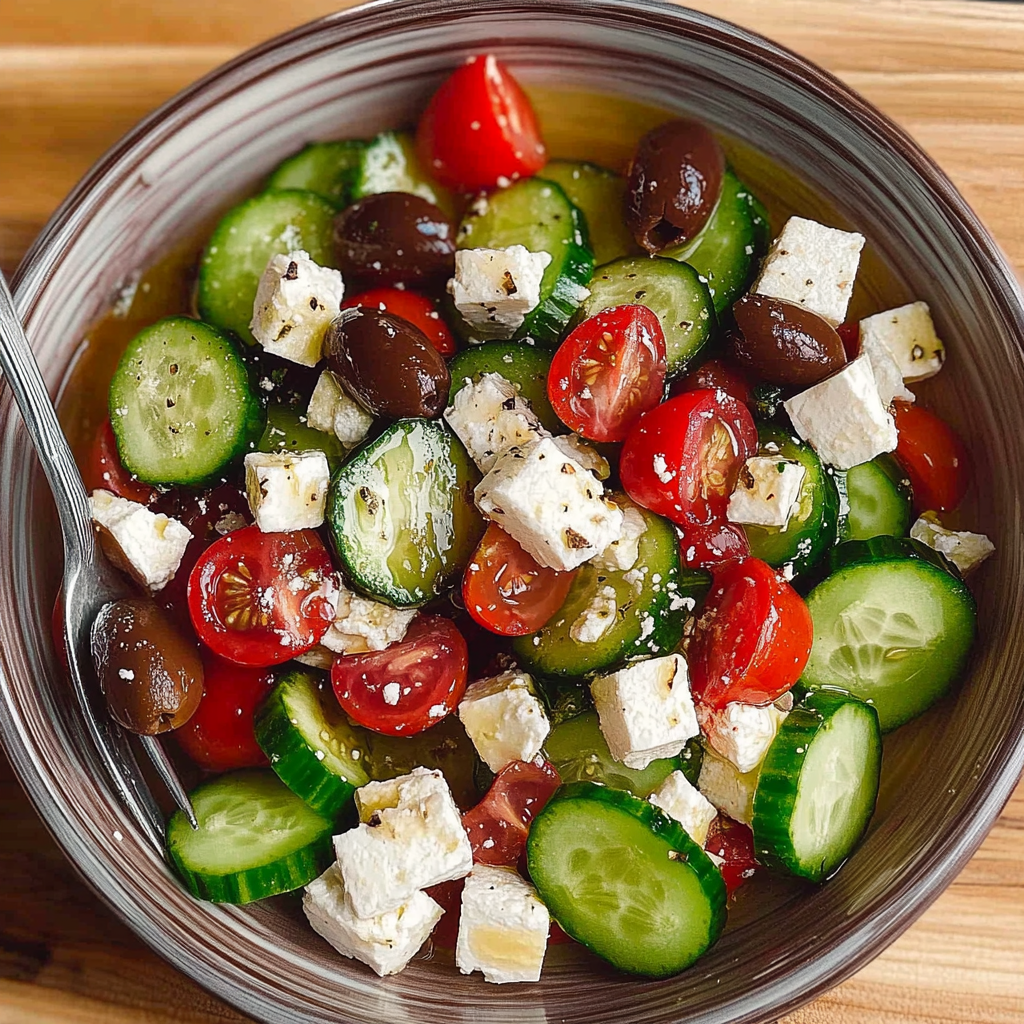 Recipe preparation for Mediterranean Cucumber Salad with Olives and Feta