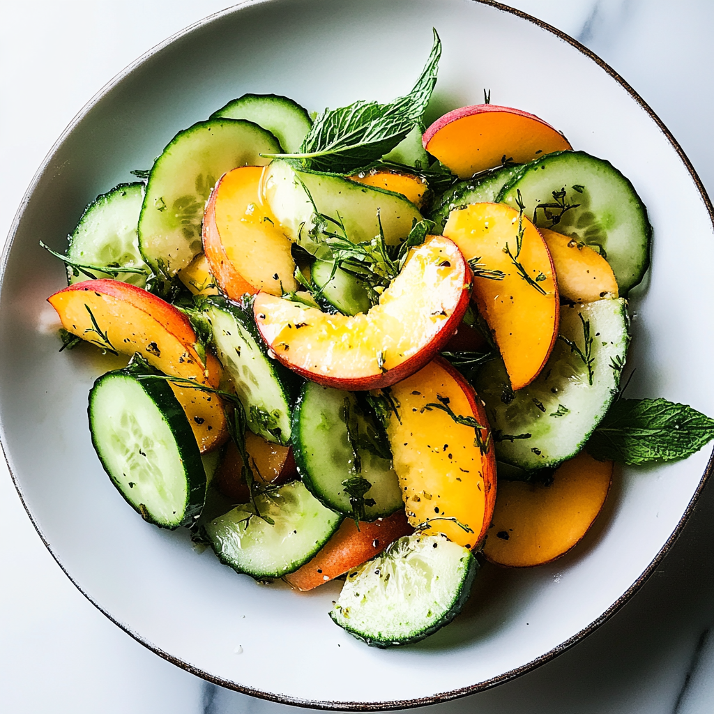 Recipe preparation for Peach Salad with Cucumber and Mint Dressing