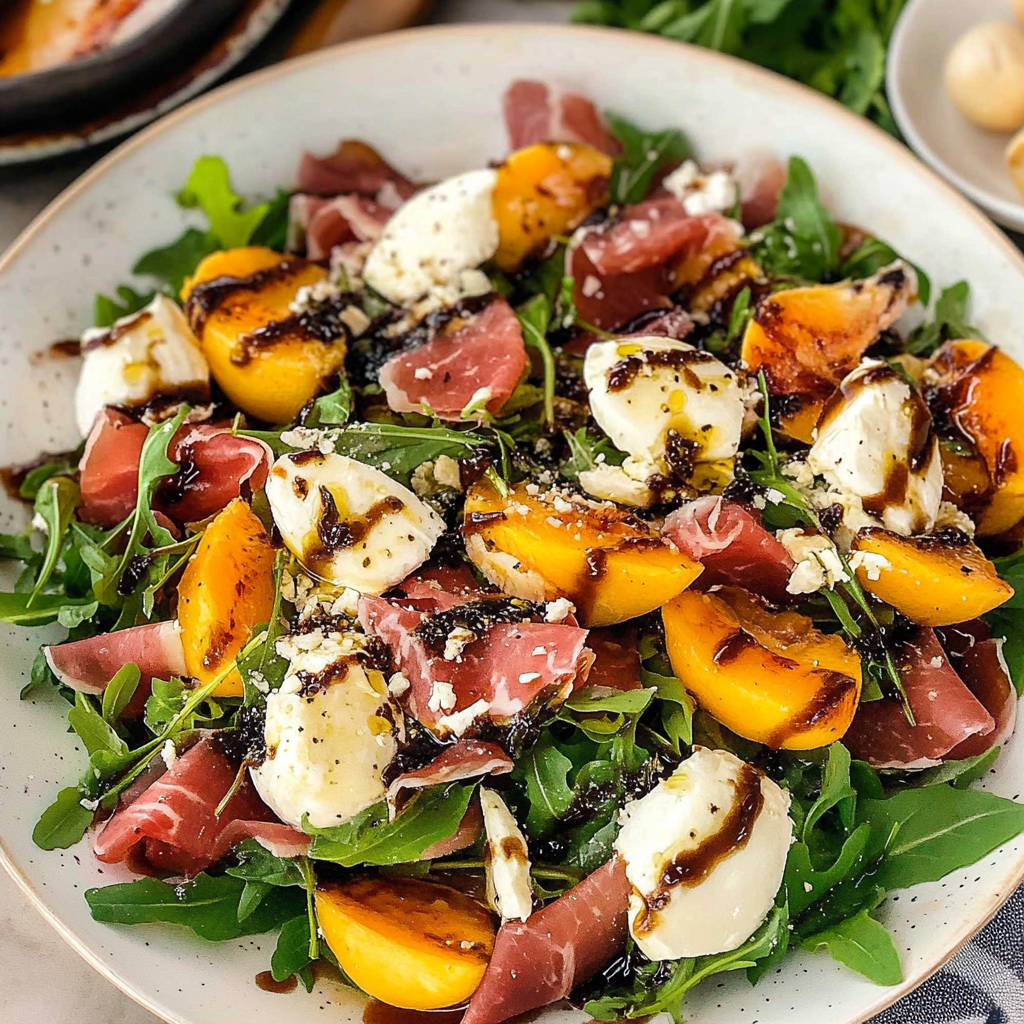 Recipe preparation for Peach Salad with Balsamic Glaze and Prosciutto