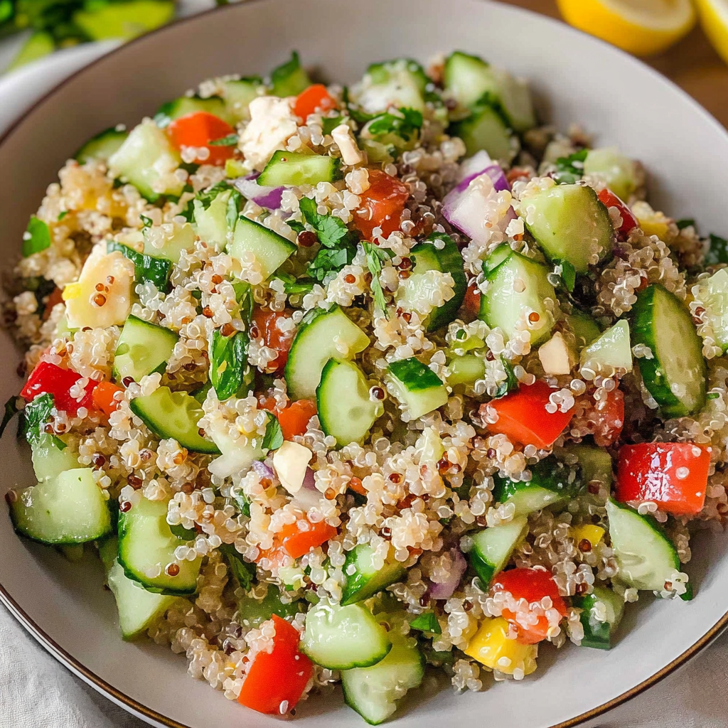 Recipe preparation for Cucumber Salad with Quinoa and Lemon Dressing
