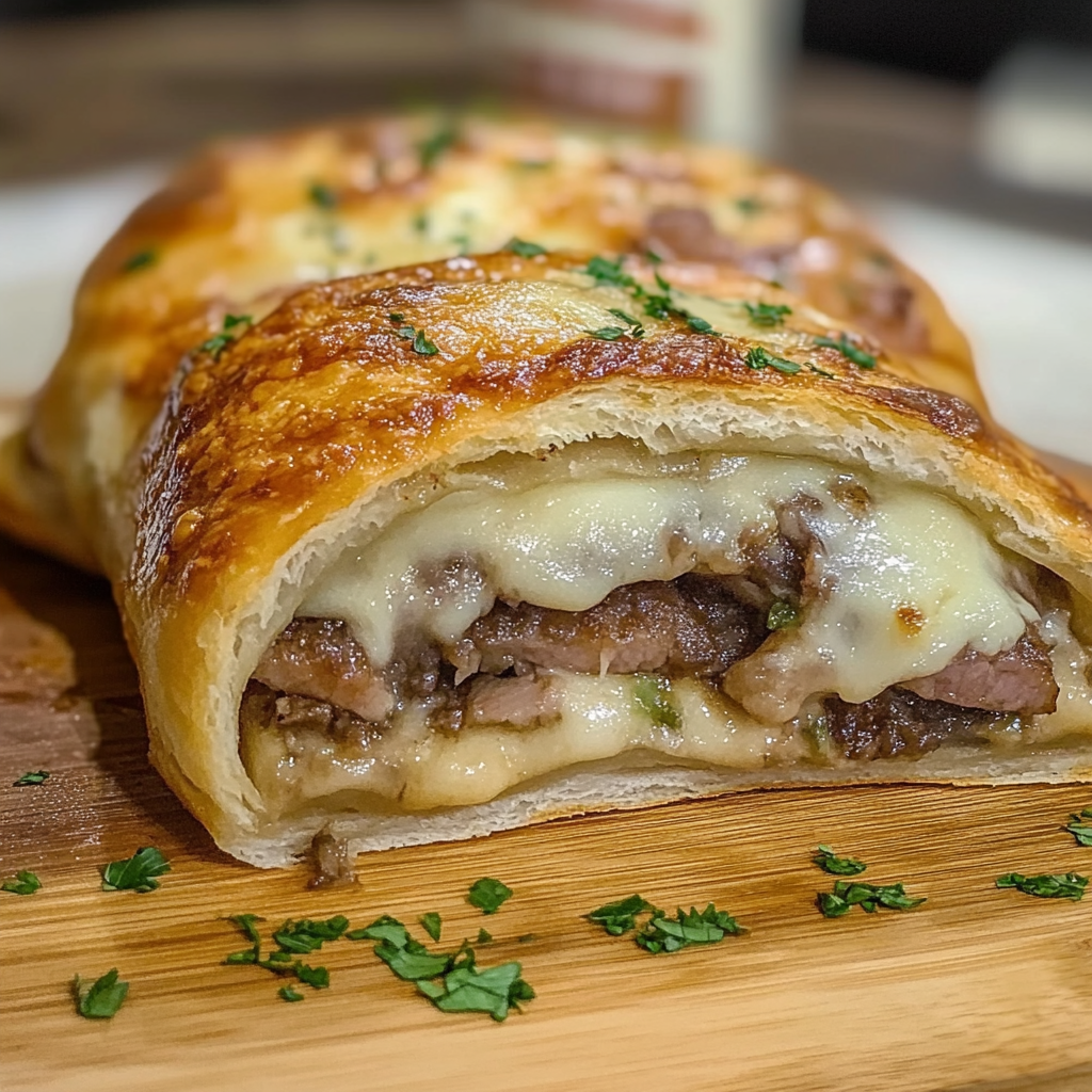 Recipe preparation for Mozzarella Cheesesteak Stromboli