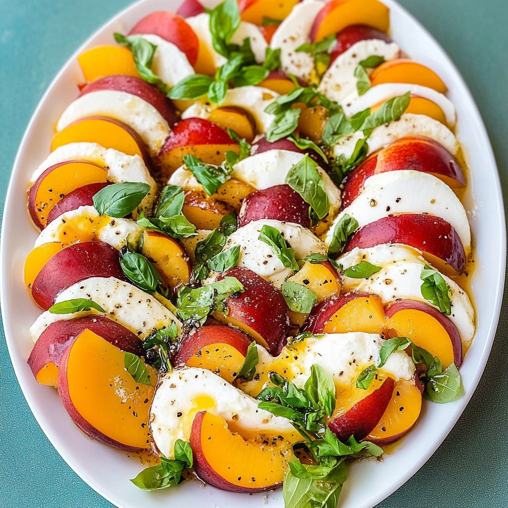 Recipe preparation for Juicy Peach and Mozzarella Delight Salad