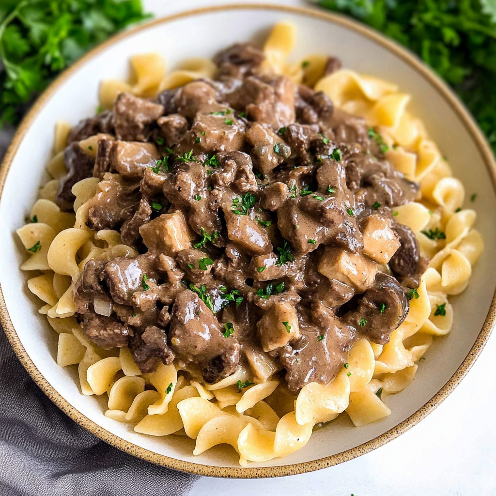 Recipe preparation for Spicy Pasta Beef Stroganoff