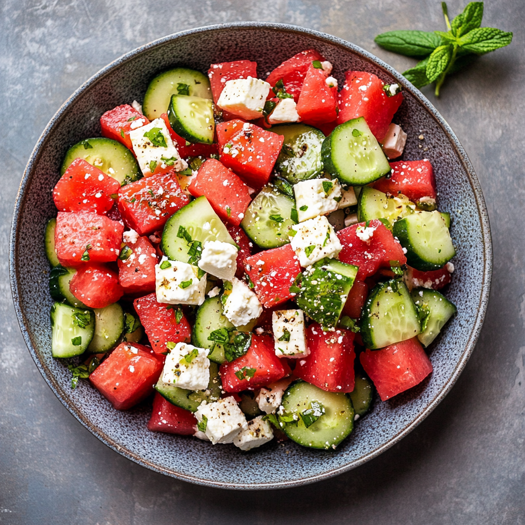 Recipe preparation for Watermelon Feta Cucumber Salad
