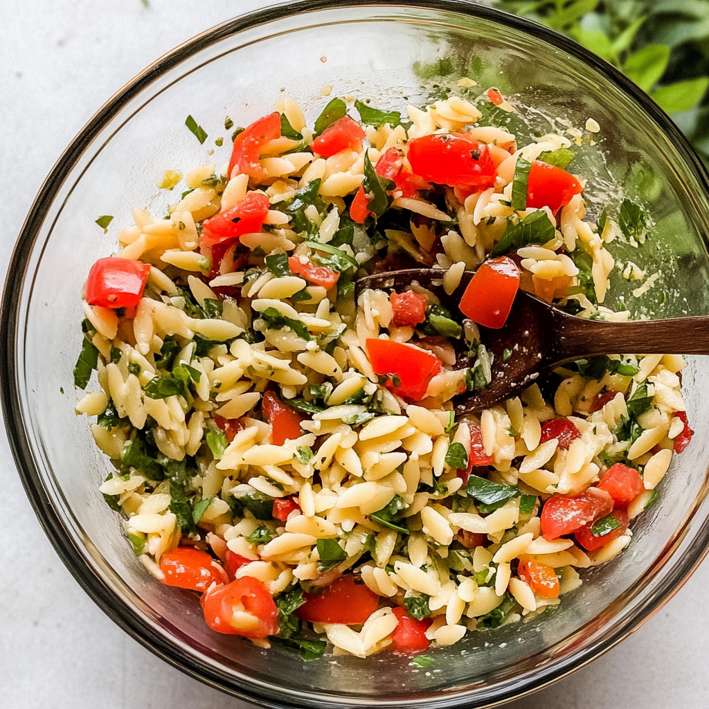 Recipe preparation for Lemony Orzo Pasta Salad