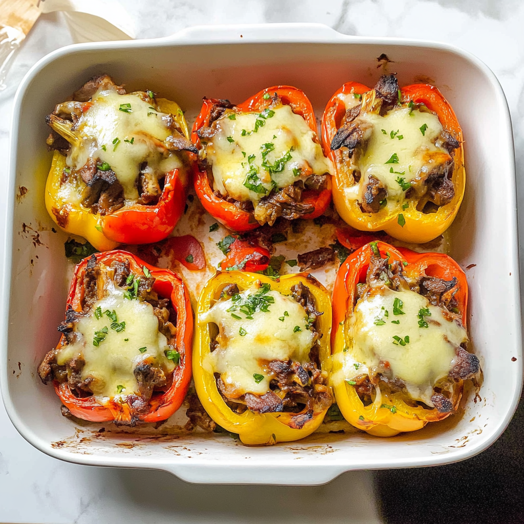 Recipe preparation for Keto Philly Cheesesteak Stuffed Peppers