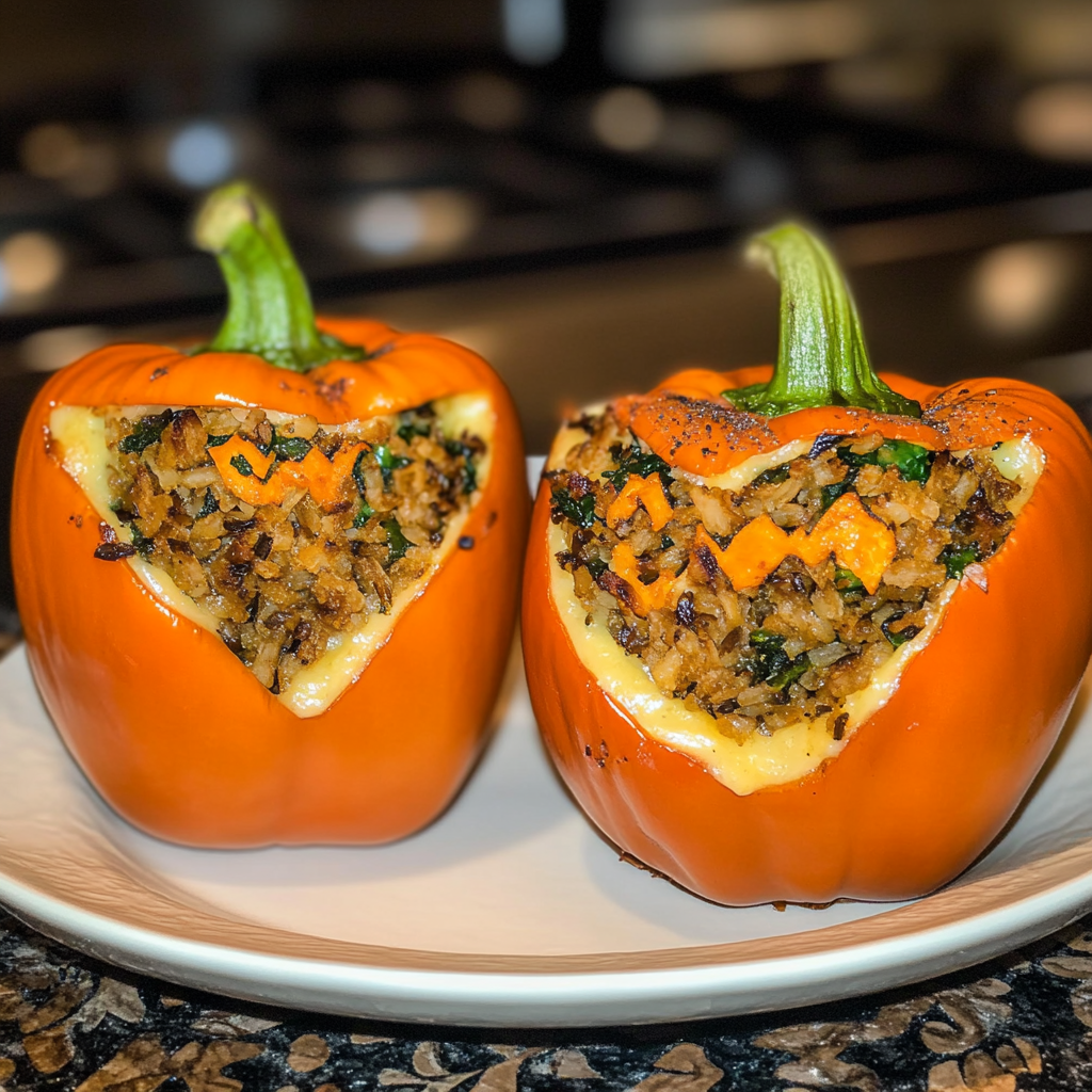 Recipe preparation for SHREDDED CHICKEN & RICE STUFFED PEPPERS (HALLOWEEN STYLE)