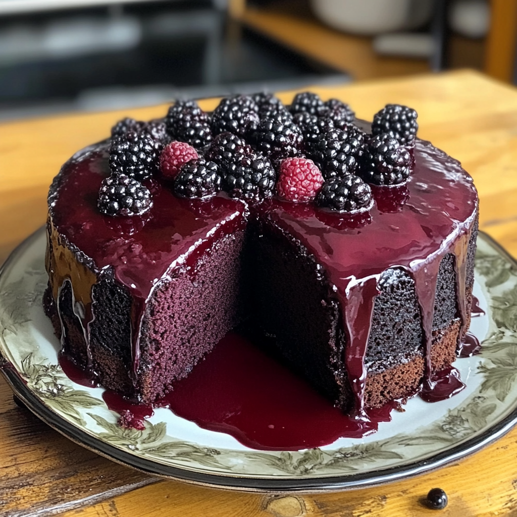 Recipe preparation for Decadent Blackberry Velvet Gothic Cake – Lush Cream Filling Inside