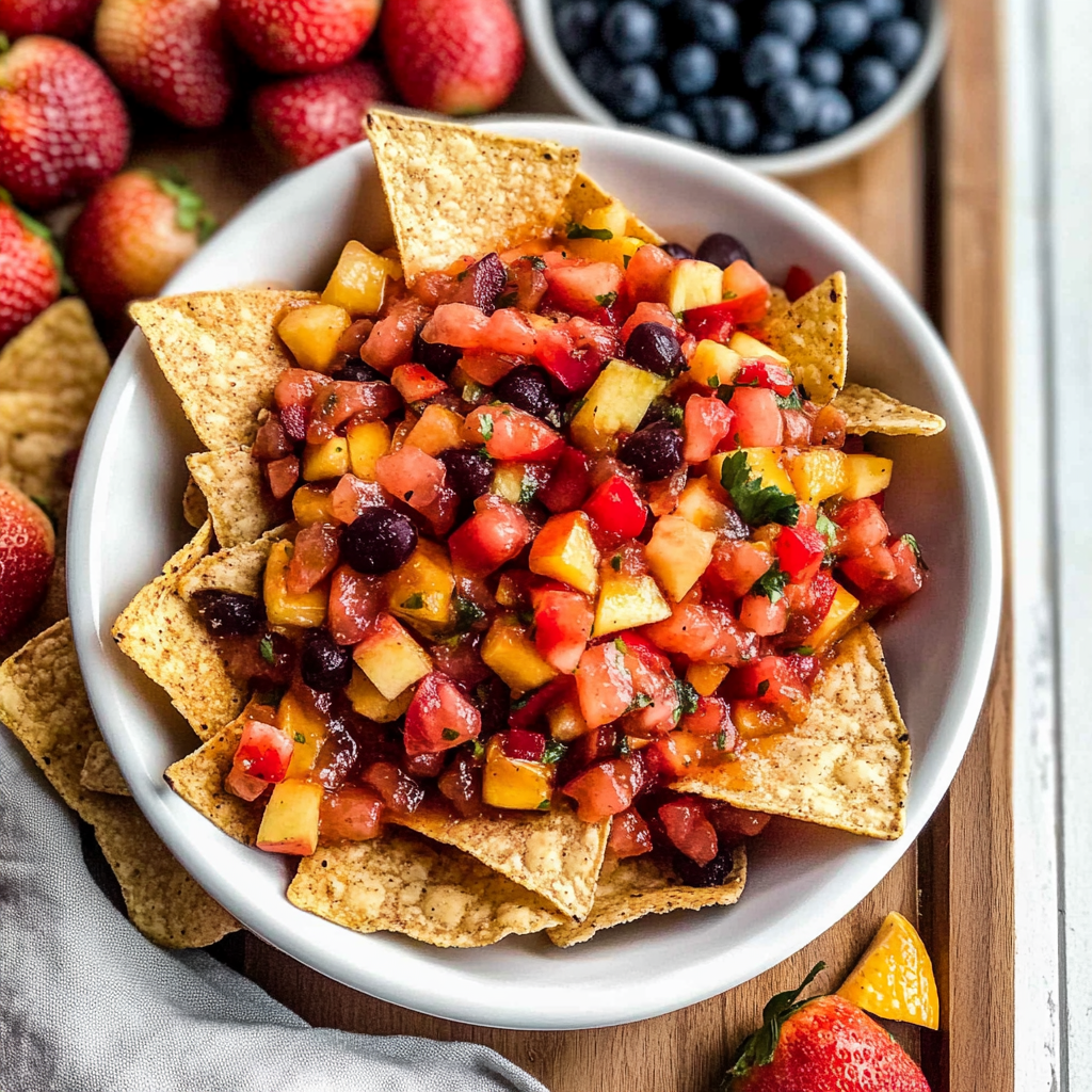 Recipe preparation for Fruit Salsa with Cinnamon Sugar Tortilla Chips