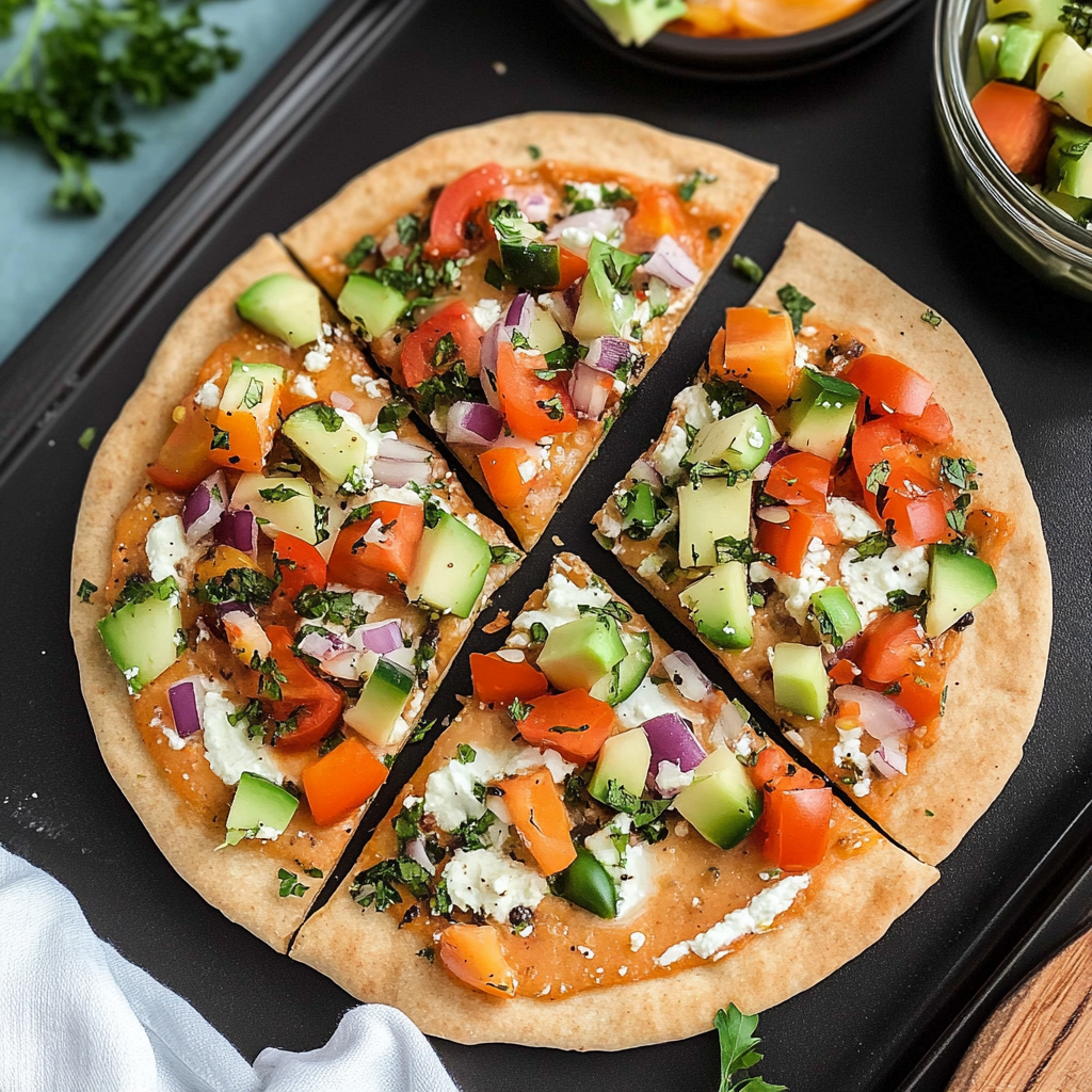 Recipe preparation for Hummus Pita Pizzas
