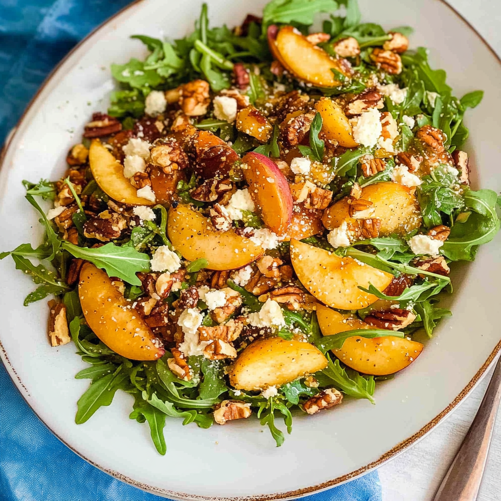 Recipe preparation for Arugula Salad with Peach and Pecan