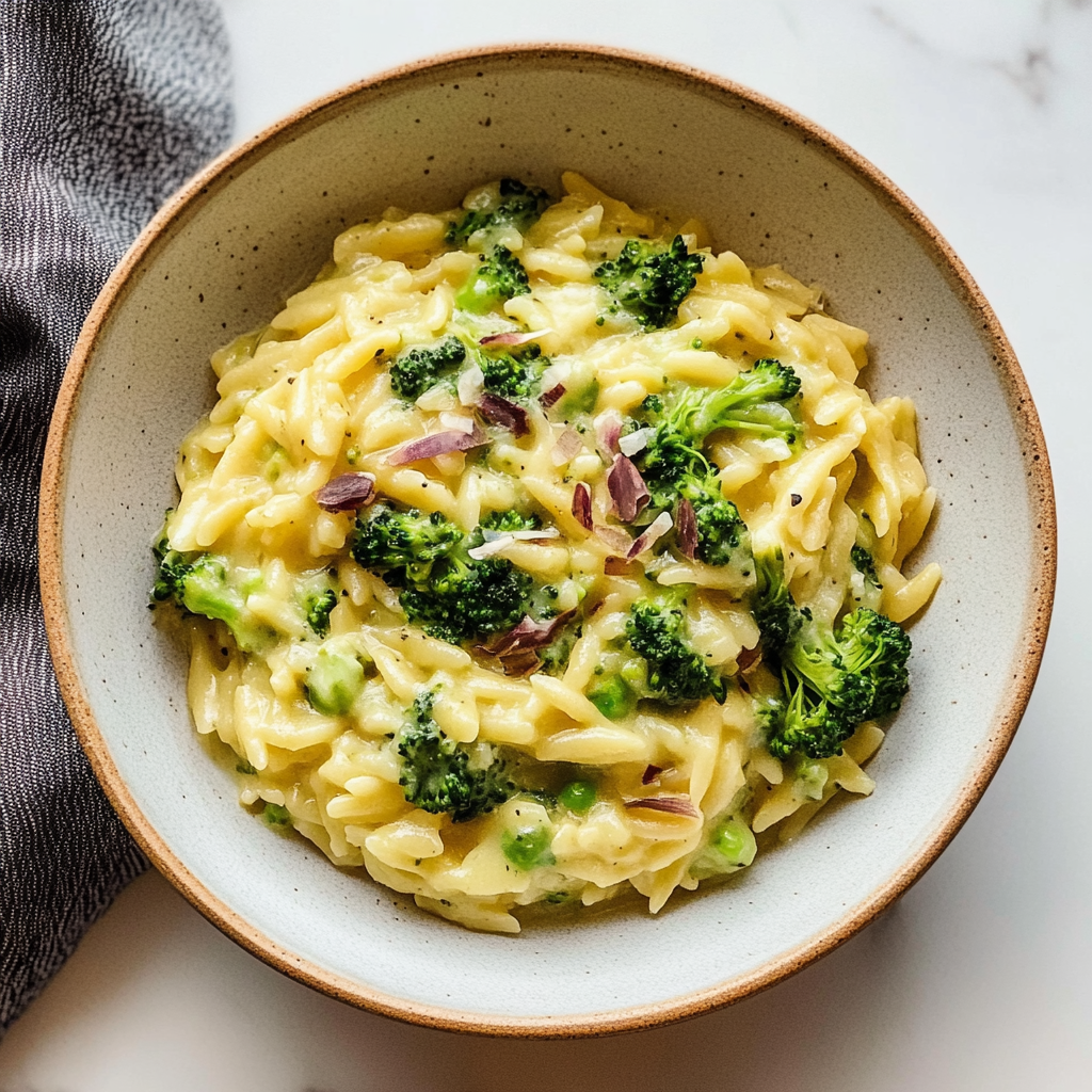 Recipe preparation for Creamy One-Pot Broccoli Cheddar Orzo