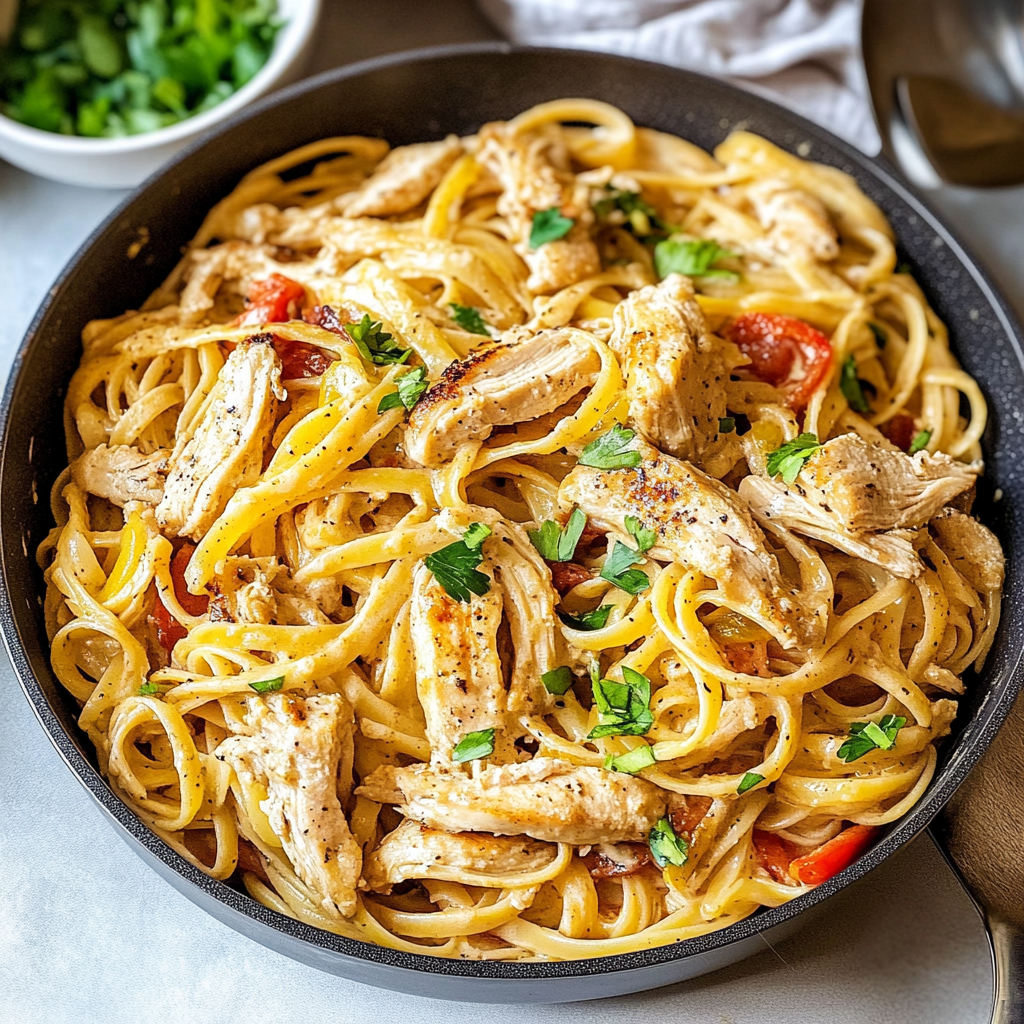 Recipe preparation for Creamy Cajun Chicken Linguine with Spicy Garlic Cheese Sauce