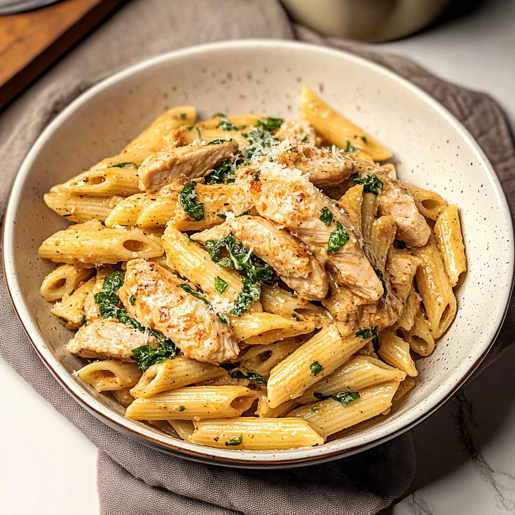 Recipe preparation for One Pot Creamy Garlic Parmesan Chicken Penne