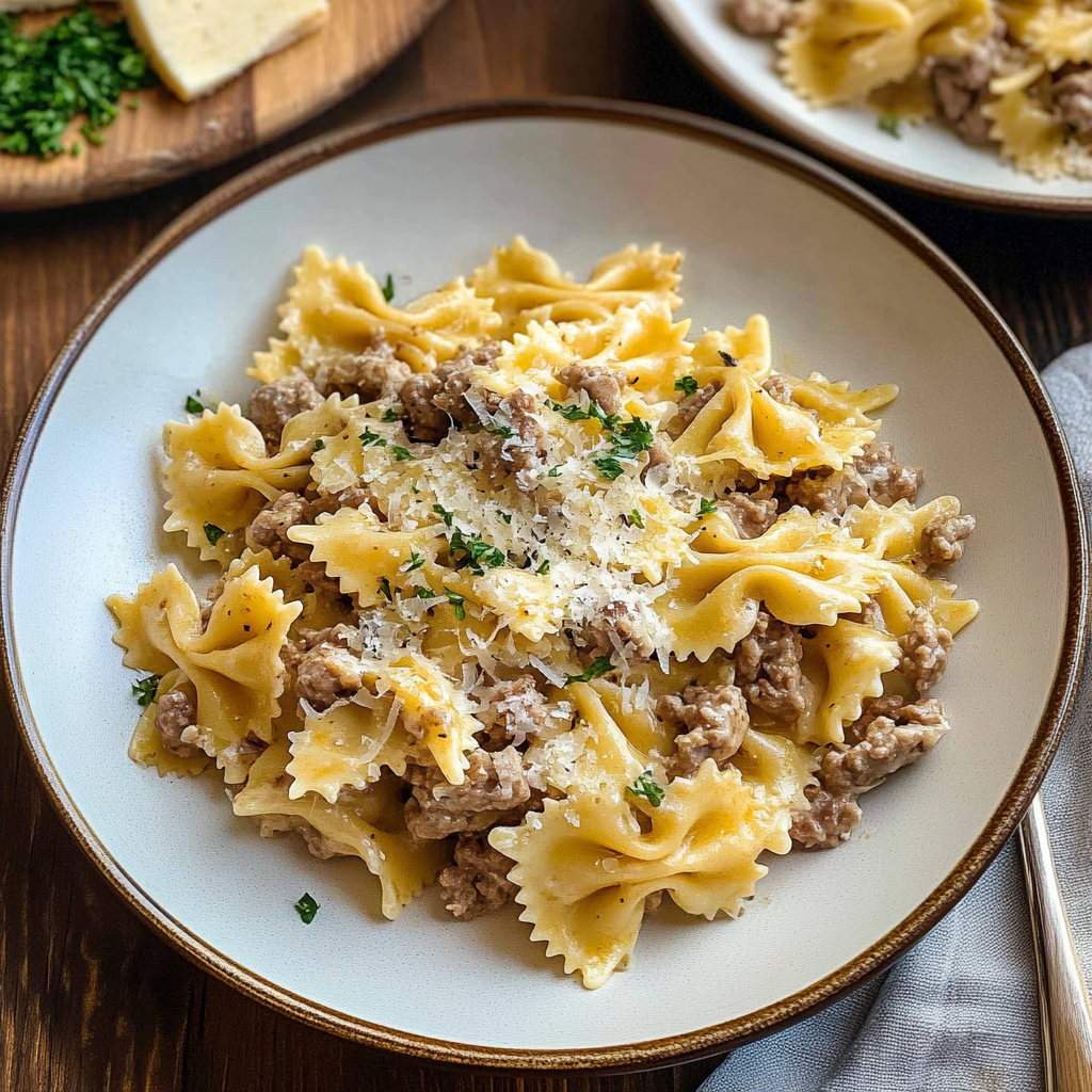 Recipe preparation for Creamy Ground Beef Bowtie Pasta with Mozzarella and Parmesan