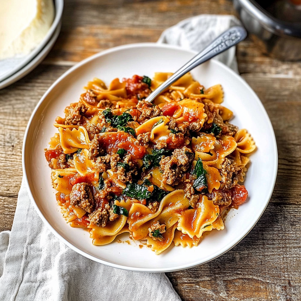 Recipe preparation for Weeknight Garlic Butter Rotini with Beef, Italian Sausage and Spinach