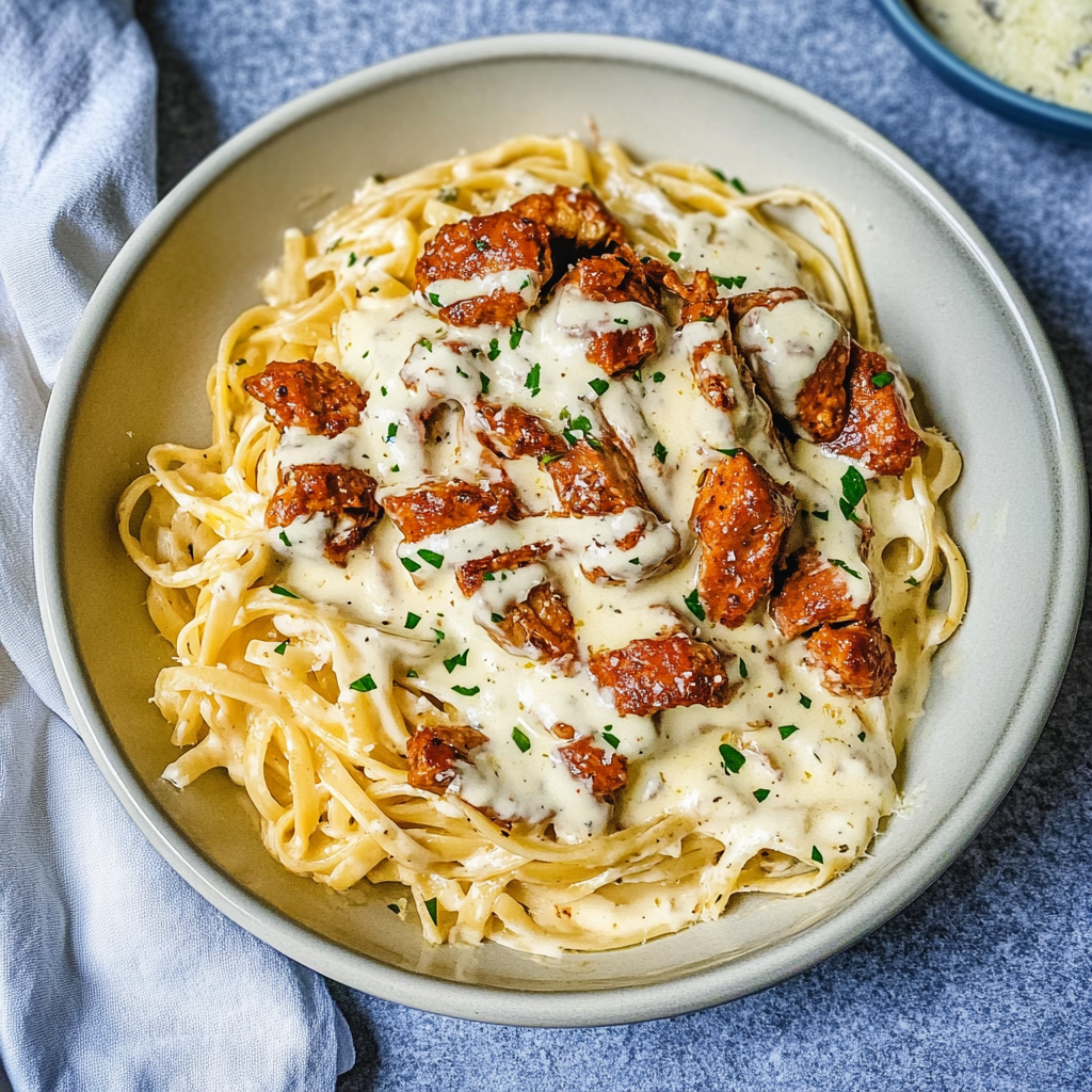 Recipe preparation for Creamy Cajun Chicken Twisted Pasta with Mozzarella Alfredo