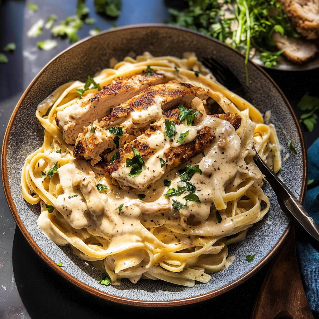 Recipe preparation for Creamy Cajun Chicken Fettuccine with Garlic Mozzarella Cheese Sauce