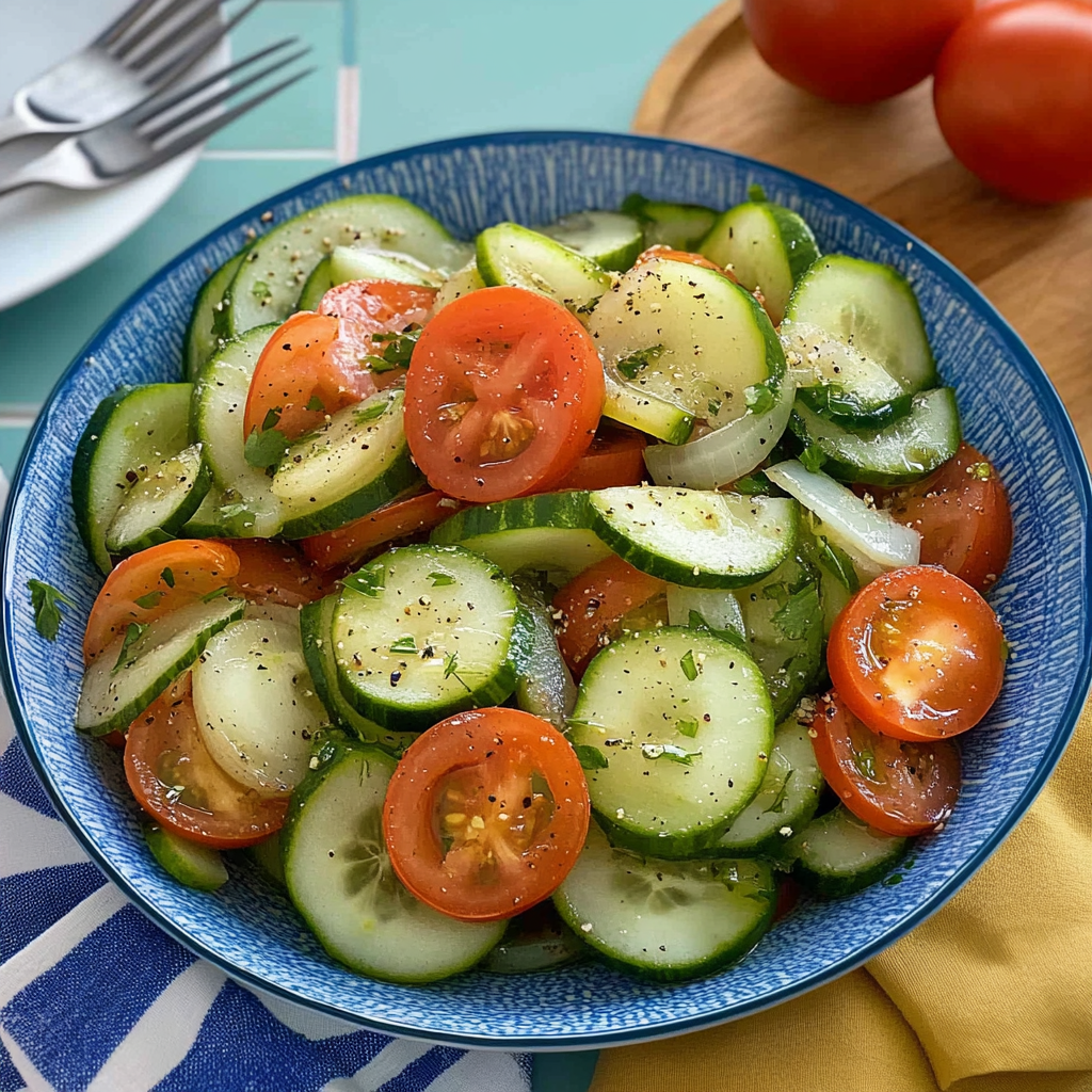 Recipe preparation for Marinated Cucumbers, Onions, and Tomatoes