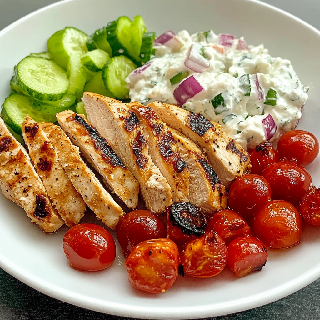 Recipe preparation for Grilled Chicken Greek Salad with Tzatziki