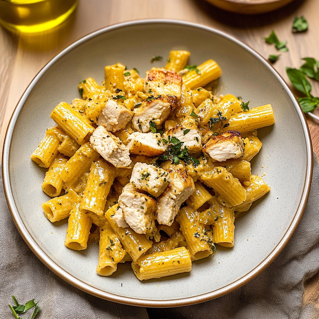 Recipe preparation for Creamy Garlic Butter Chicken Rigatoni Recipe