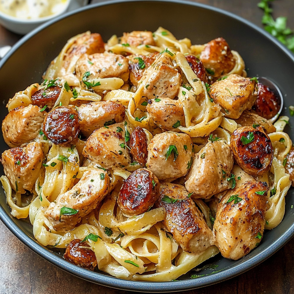 Recipe preparation for Cajun Chicken Bites with Creamy Garlic Herb Alfredo Twists
