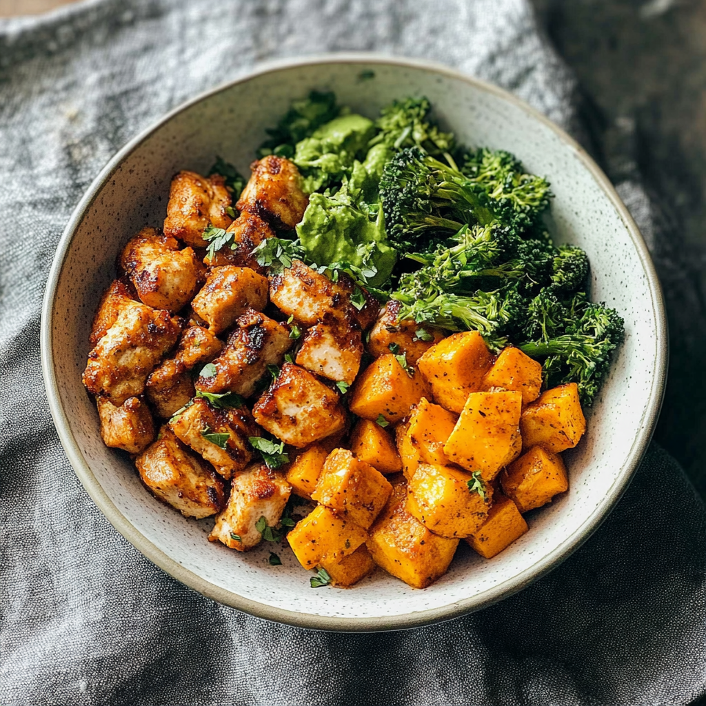 Recipe preparation for Loaded Grilled Chicken & Sweet Potato Power Bowl