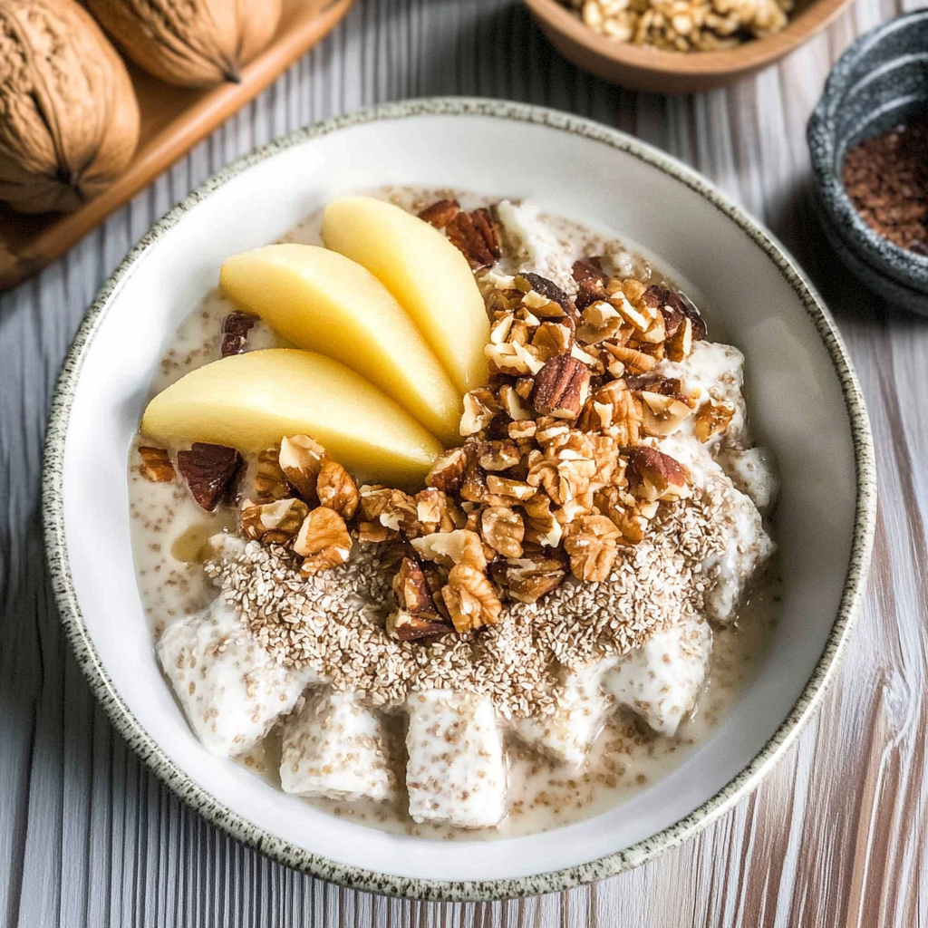 Recipe preparation for Bircher Muesli with toasted coconut, nuts, pears