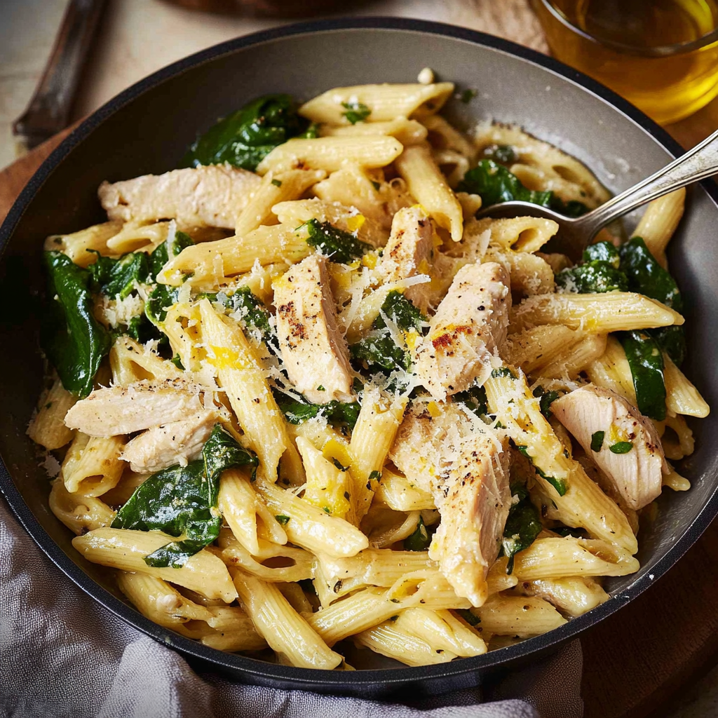 Recipe preparation for Chicken & Spinach Skillet Pasta with Lemon & Parmesan