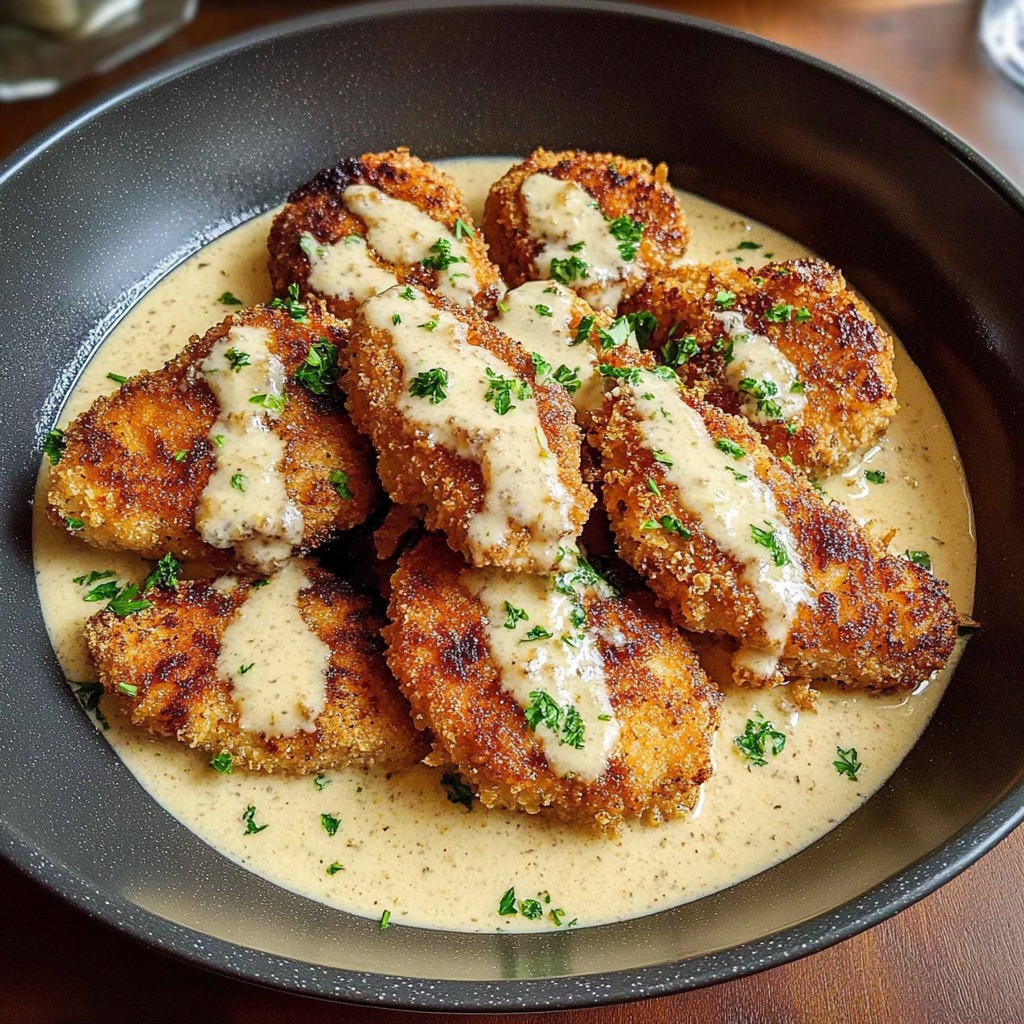 Recipe preparation for Crispy Parmesan Chicken with a Creamy Garlic Cream Sauce Recipe